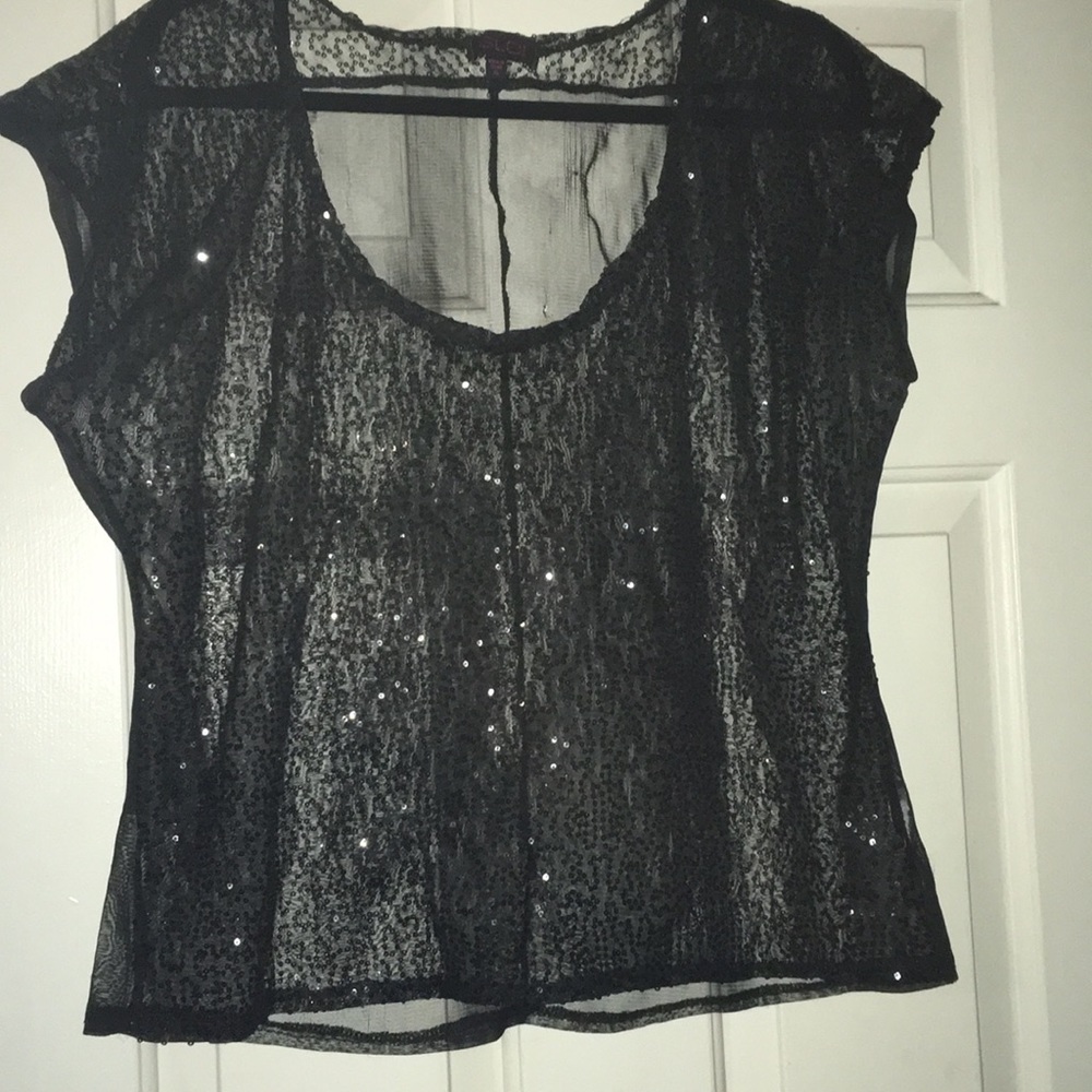Sheer black sequin short sleeve shirt